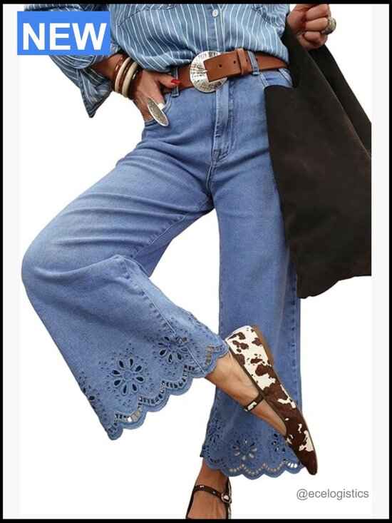 Denim - Wide Leg Embroidered Jeans High Waisted Stretchy Straight Leg Loose Fit Ankle